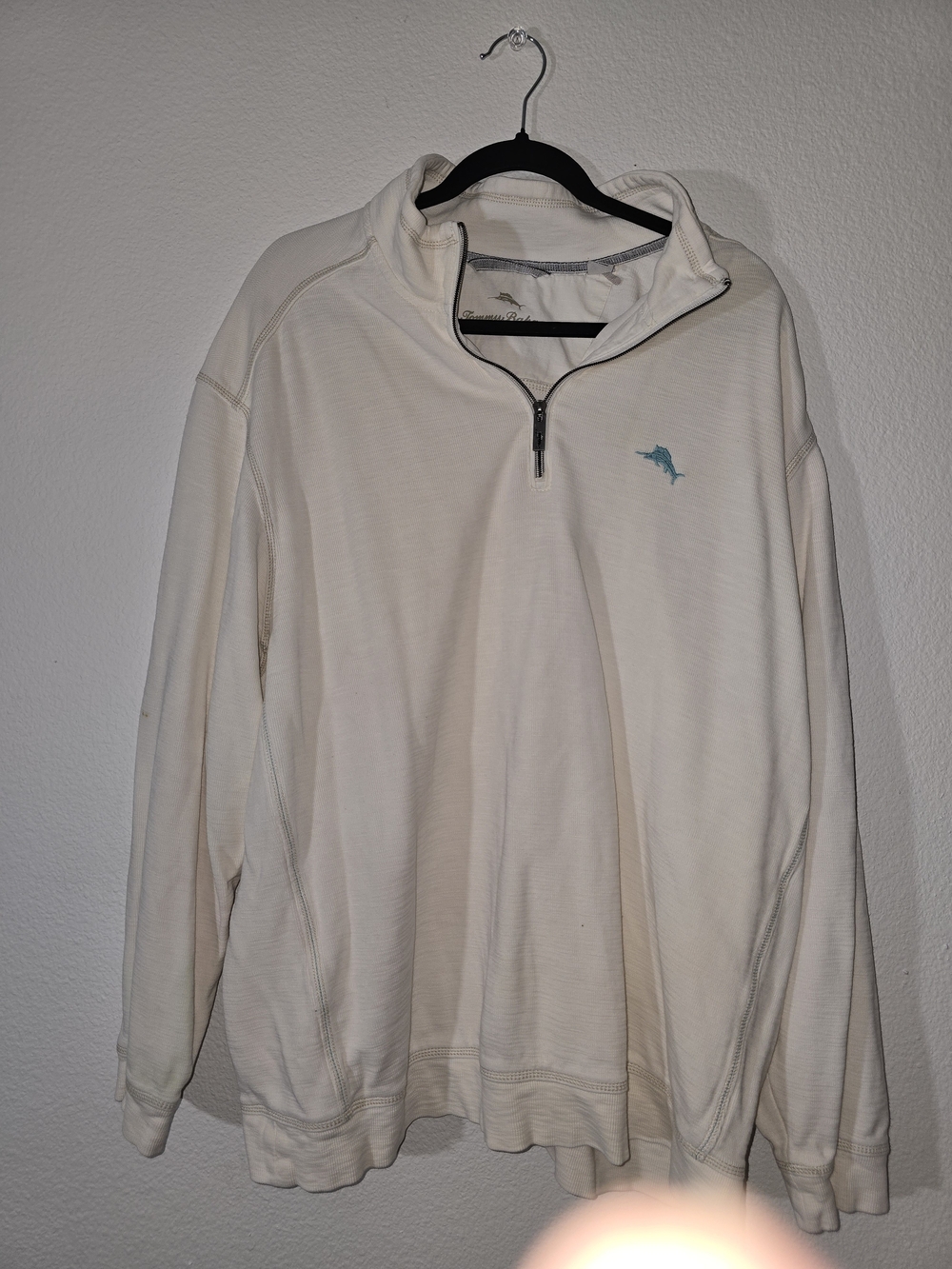 Tommy Bahama Cream Quarter-Zip Pullover with Teal Marlin Logo